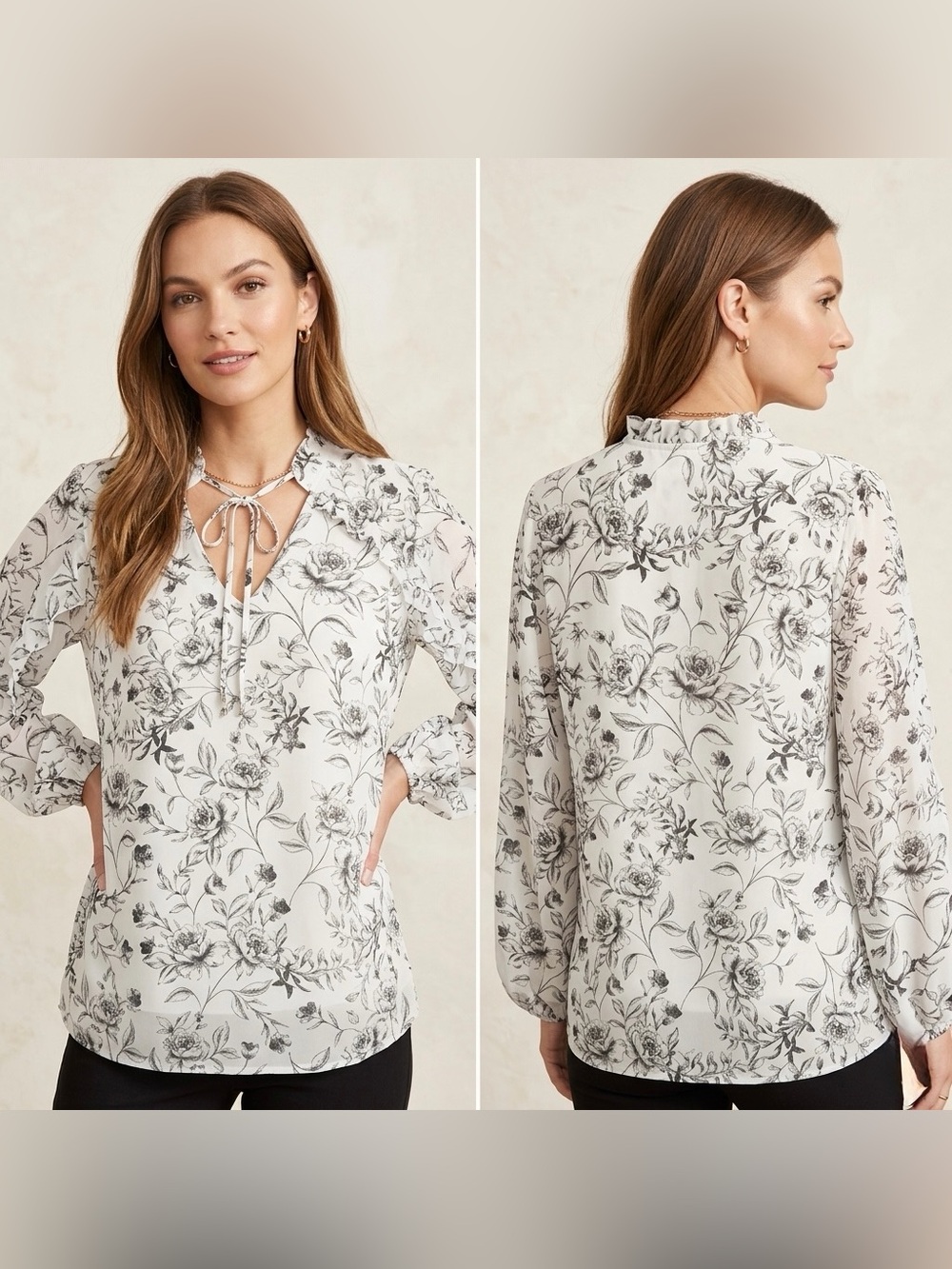 Calvin Klein Women’s Long Sleeve  Floral Pattern Tie-Neck Blouse Size Medium